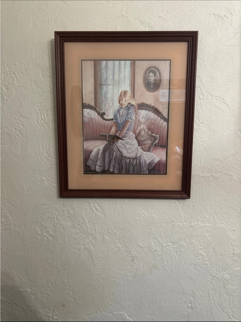 Framed Victorian Girl Reading Wall Art - Brown Frame, Pink Accent